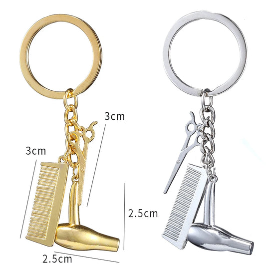 Fashion Creative Key Chain Hair Dryer Scissor Comb Shape Pendant Key Ring Men Women Gold Silver Color Metal Car Key Holder Gifts