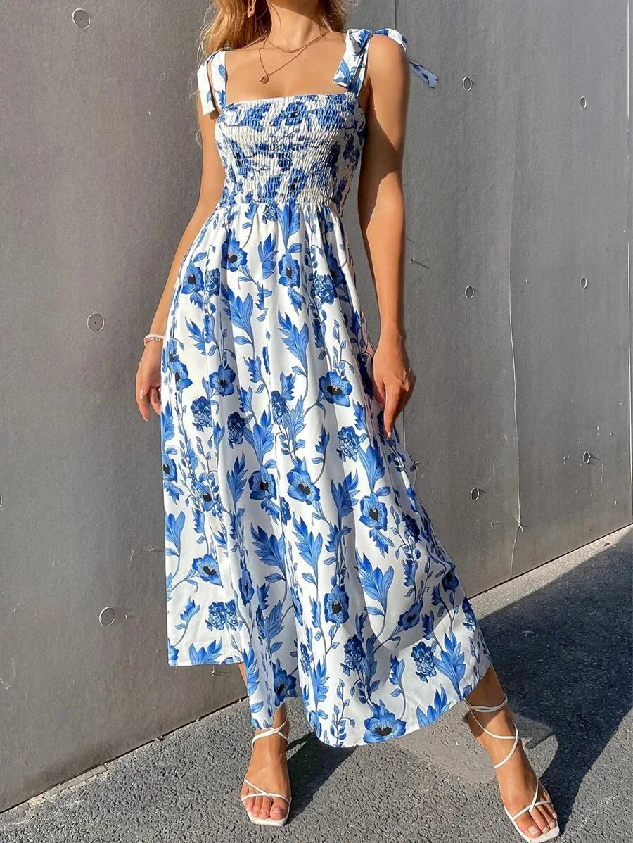 Floral Long Dress Women Fashion Backless Sleeveless Bandage Beach Sundress Casual Green Summer Ladies New In Dresses 2023