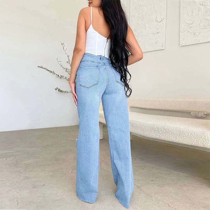 2023 Fall New Women's High Waist Ripped Jeans Fashion Loose Denim Wide Leg Pants Casual Female Trousers S-2XL Drop Shipping