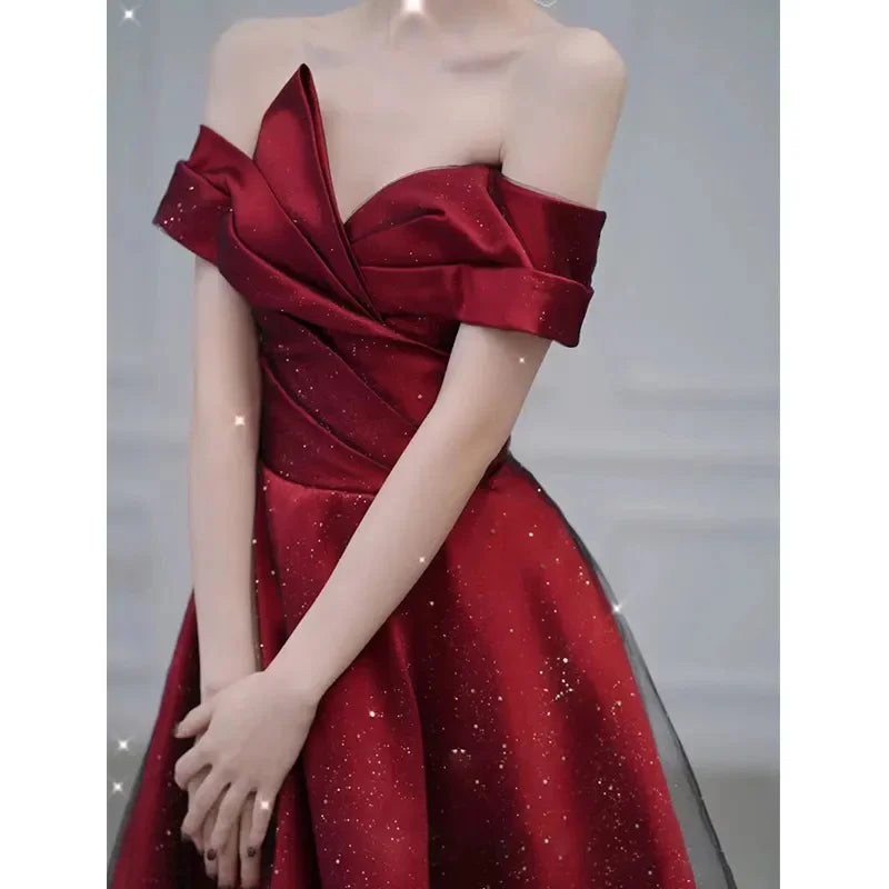 Women Summer Satin Toasting Gown Bride's High-end Feeling, Light Wedding Dress, Red One Shoulder Engagement, Thank-you Banquet