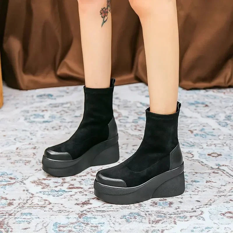 Autumn Increase Platform Short Boots Classic Black Wedges Shoes for Women Fashion Casual Comfy Lady Sneakers Botas Plataforma52