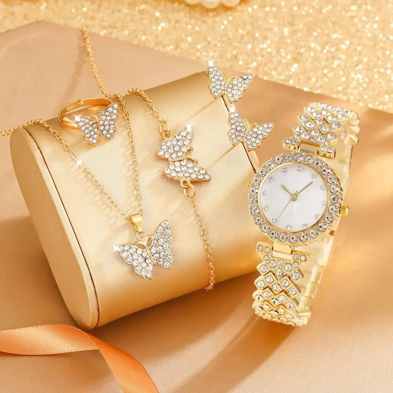 6Ps Women's Fashion Trend Luxury Luxury Rhinestone Roman Shell Quartz Watch Butterfly Rhinestone Necklace Ring Bracelet Gift Set