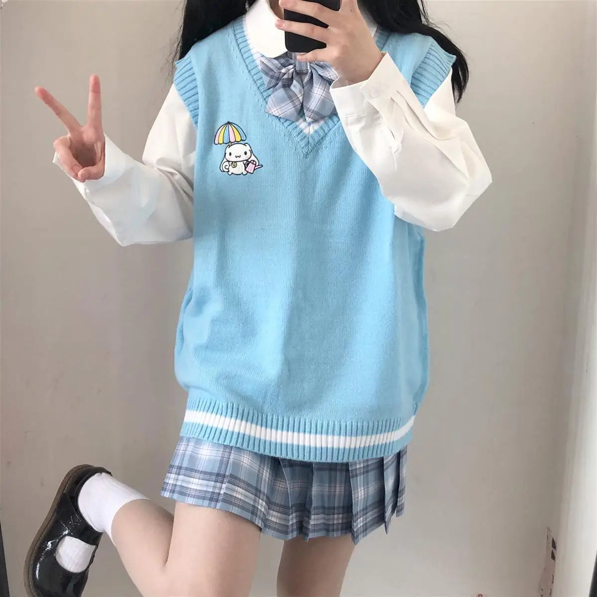 2024 School Kawaii Sweater Vest Cartoon Waistcoat Sweet Cute Preppy Style Women Pullover V-neck Embroidery Japanese Lolita Tops