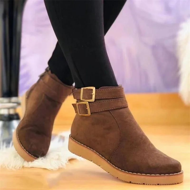 Ankle Boots Women Buckle Flat Suede Snow Boot Fashion Denim Winter 2024 New British Style Brown Warm Botas Mujer Plus Size 36 43