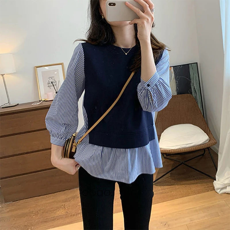 Autumn Winter Round Neck Striped Patchwork Loose Casual Sweatshirt Top Women 3/4 Sleeve Jumper All-match Pullover Female Clothes