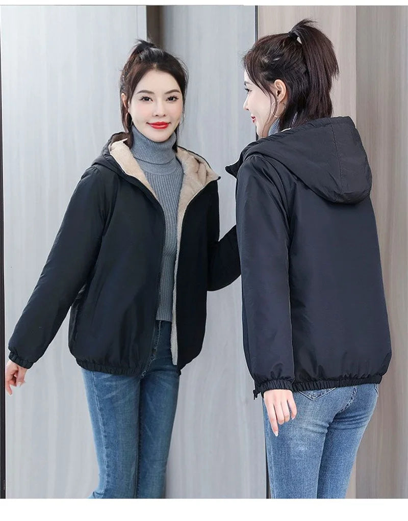 Add Velvet Padded Coat Women 2024 Winter Hooded Outerwear Ladies Warm Cotton-Padded Jacket New Fashion Overcoat Short Female Top