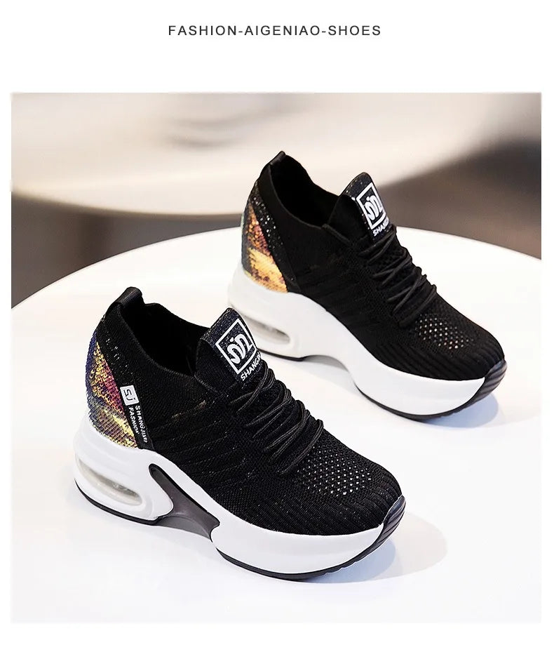 Women's Sneakers Spring Sequined Casual Shoes Women Platform Heels Wedges Height Increasing 2022 Knitted Ladies Vulcanized Shoes