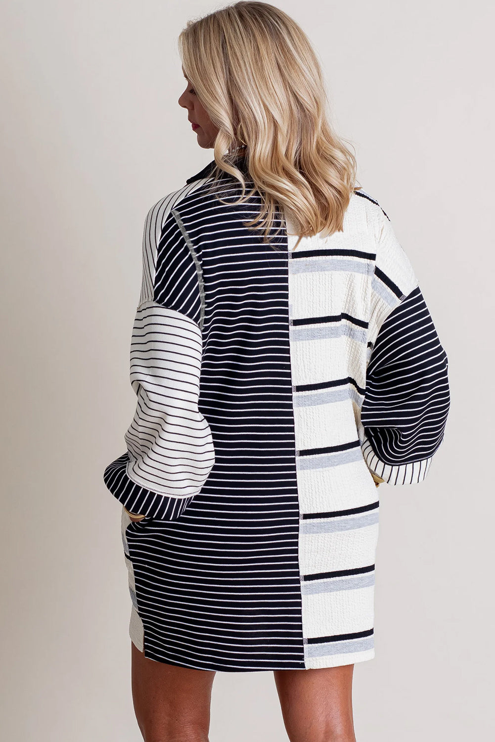 Black and White Striped Colorblock Knit Henley Mini Dress with Long Sleeves