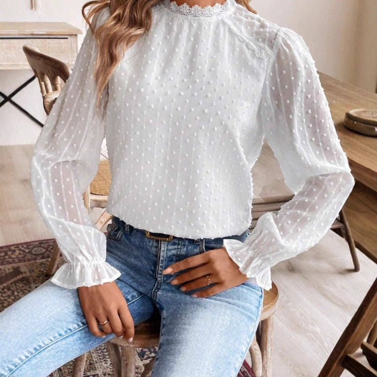 Women’s Solid-Color Elegant Lace-Trimmed Crew-Neck Long-Sleeve Shirt – Stylish Work & Casual Top
