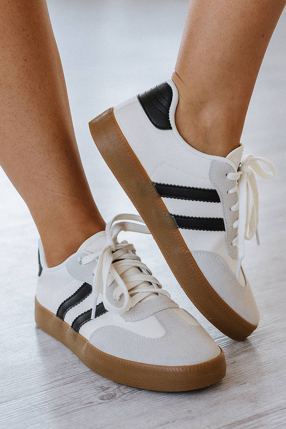 Lace-Up Striped Flat Sneakers in White