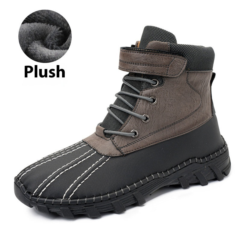 Grey velvet Men's Winter Fleece Snow Boots – Waterproof, Anti-Slip, Lace-Up Mid-Calf Work & Outdoor Shoes