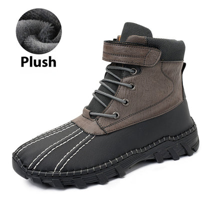 Grey velvet Men's Winter Fleece Snow Boots – Waterproof, Anti-Slip, Lace-Up Mid-Calf Work & Outdoor Shoes