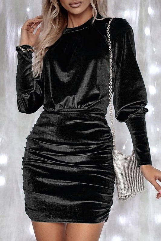 Black 95%Polyester+5%Elastane Velvet Puff Sleeve Ruched Bodycon Dress in Black