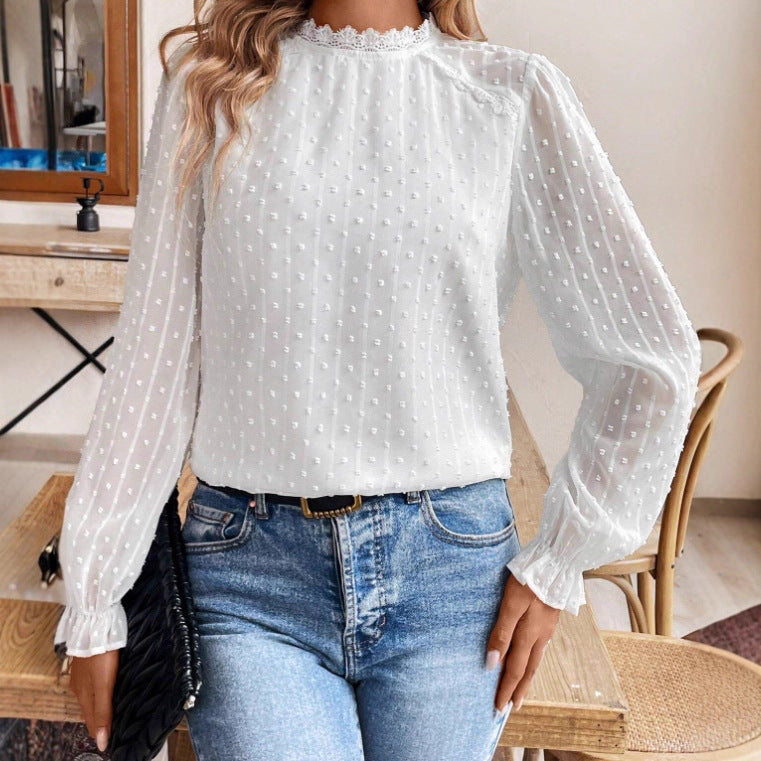 Women’s Solid-Color Elegant Lace-Trimmed Crew-Neck Long-Sleeve Shirt – Stylish Work & Casual Top