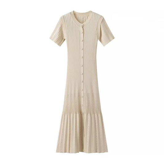 Cream Women's Knit Single Breasted Long Dress