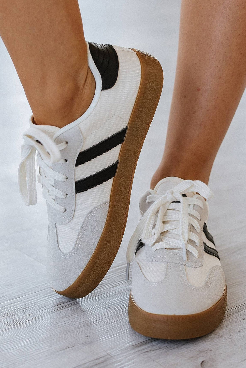 White Lace-Up Striped Flat Sneakers in White