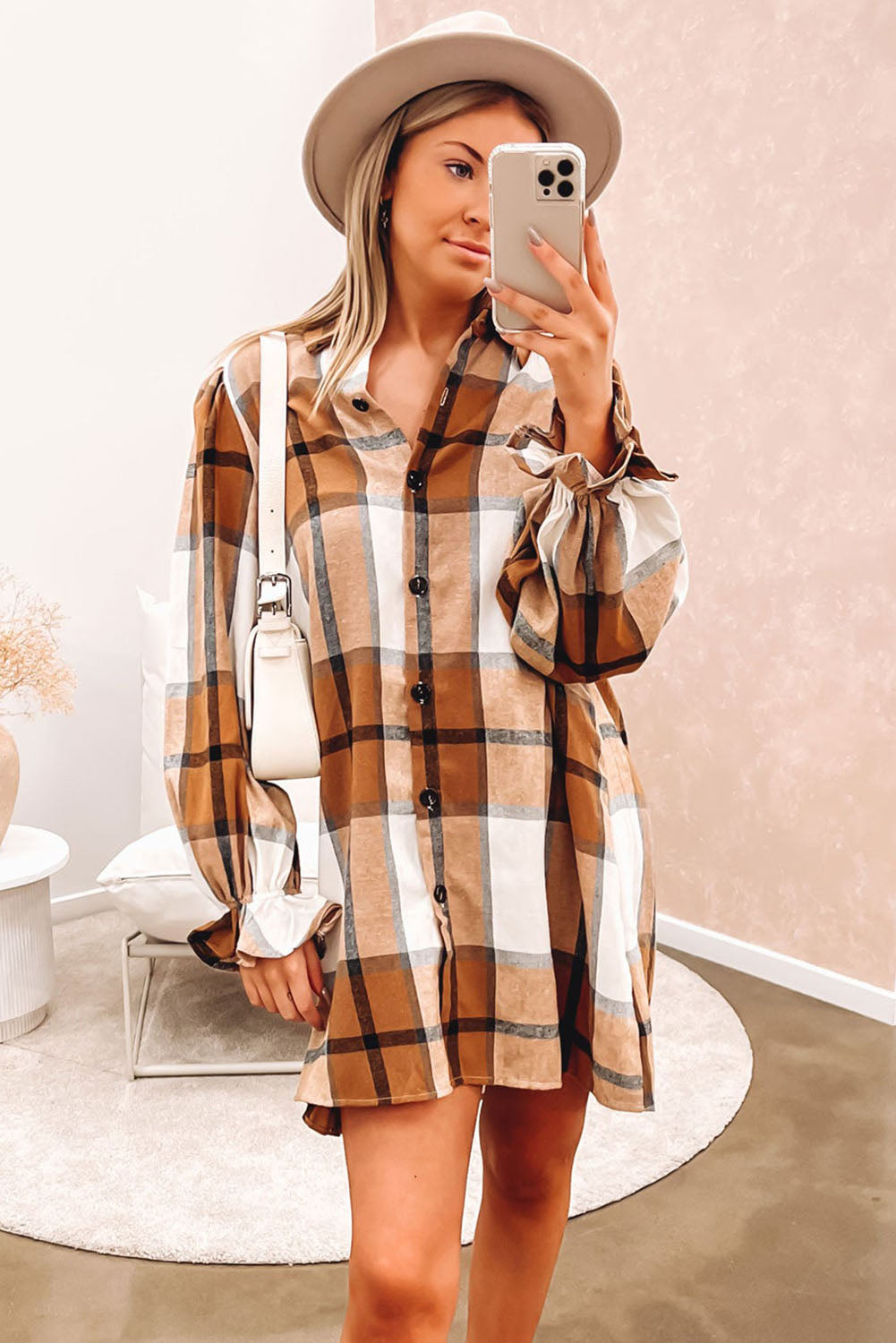 Khaki Checkered Collared Ruffle Sleeve Shirt Dress