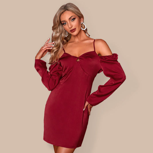 Wine Red Women's Off-Shoulder Long Sleeve Party Dress