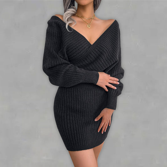 Black Women's V-neck wool dress