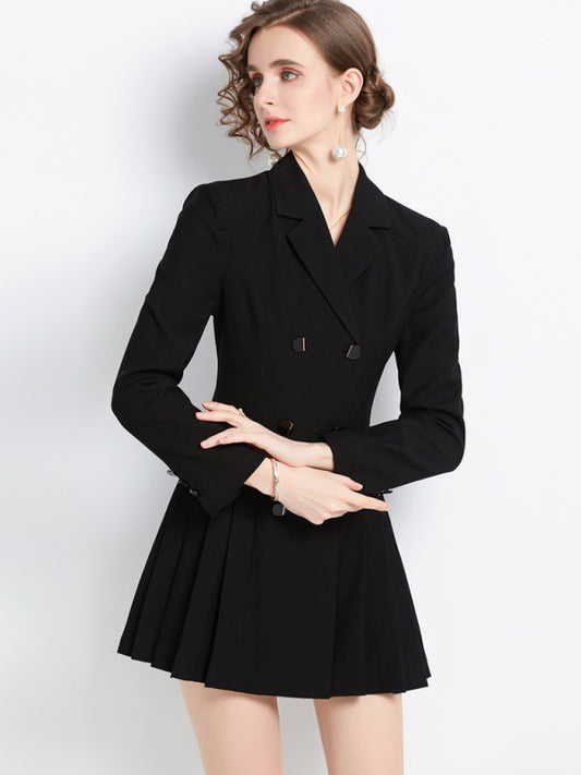 Black Women's long-sleeved double-breasted jacket dress