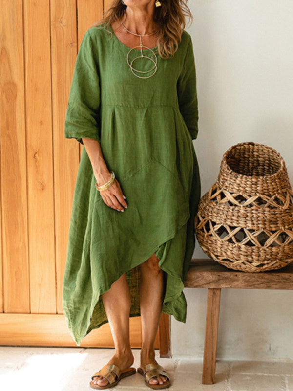 Casual cotton linen round neck solid color loose mid-length dress