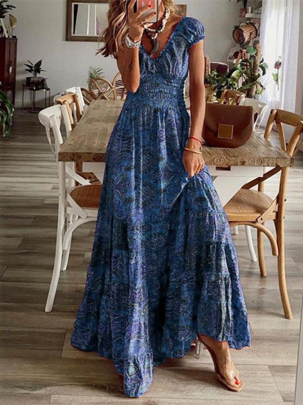 Blue Bohemian style new one-piece floral print dress