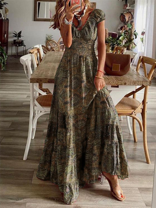 Coffee Bohemian style new one-piece floral print dress