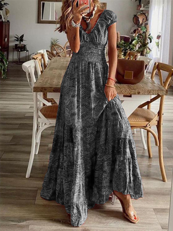 Grey Bohemian style new one-piece floral print dress