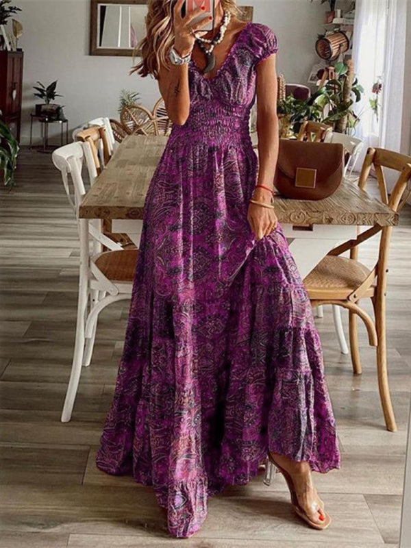 Purple Bohemian style new one-piece floral print dress