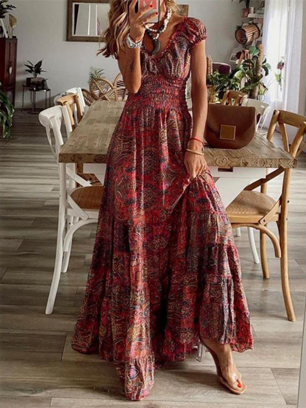 Wine Red Bohemian style new one-piece floral print dress