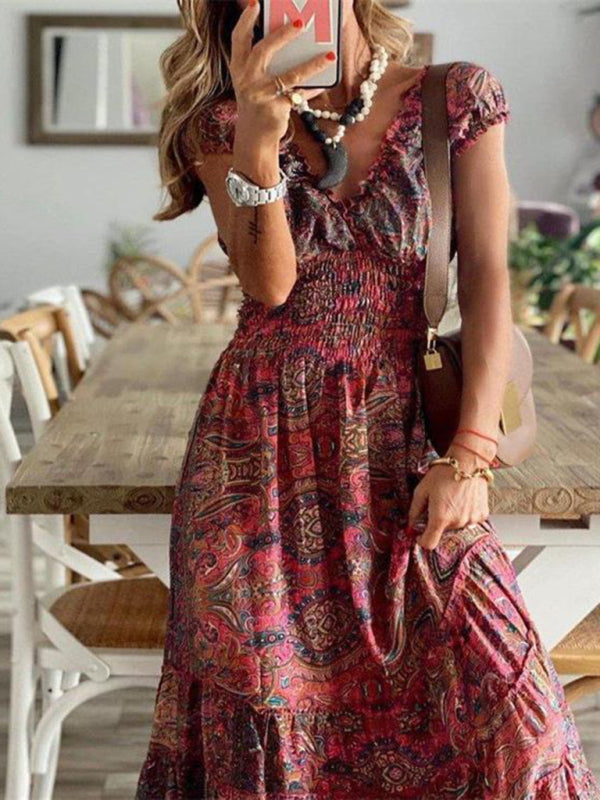 Bohemian style new one-piece floral print dress