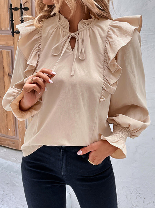 Cracker khaki women's ruffled tie long sleeve blouse