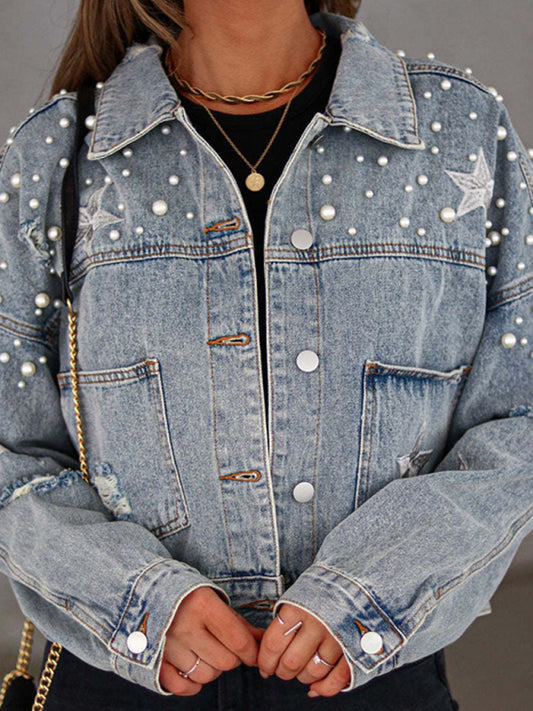 Clear blue Pearl Studded Distressed Denim Jacket