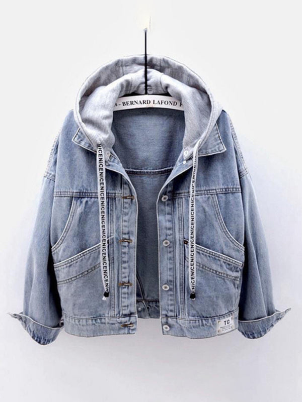 Blue Women's hooded large pocket denim jacket