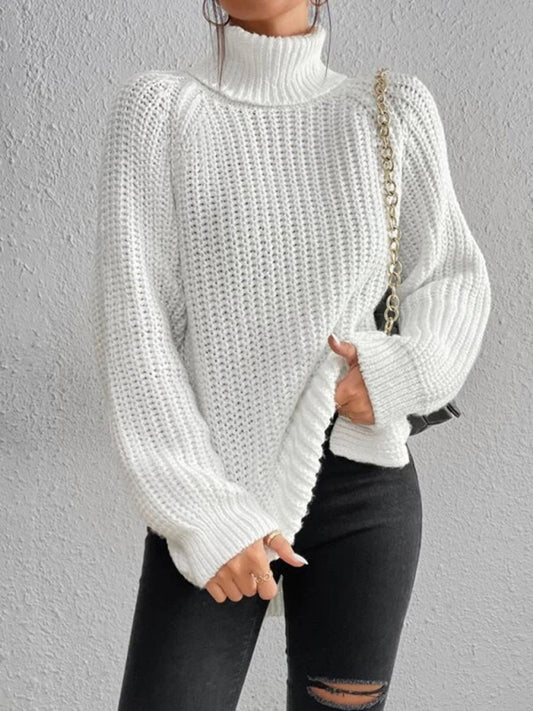 White Women's casual pullover turtleneck slit loose sweater