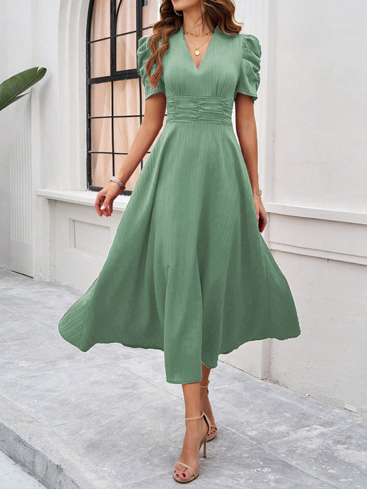 Pale green Women's elegant solid color waist dress