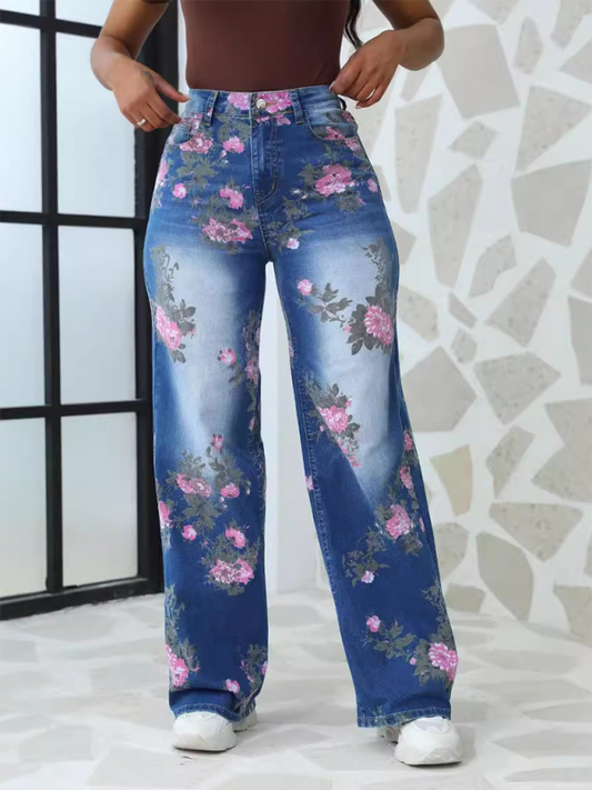 Blue Floral Printed Wide Leg Pants Women's Jeans