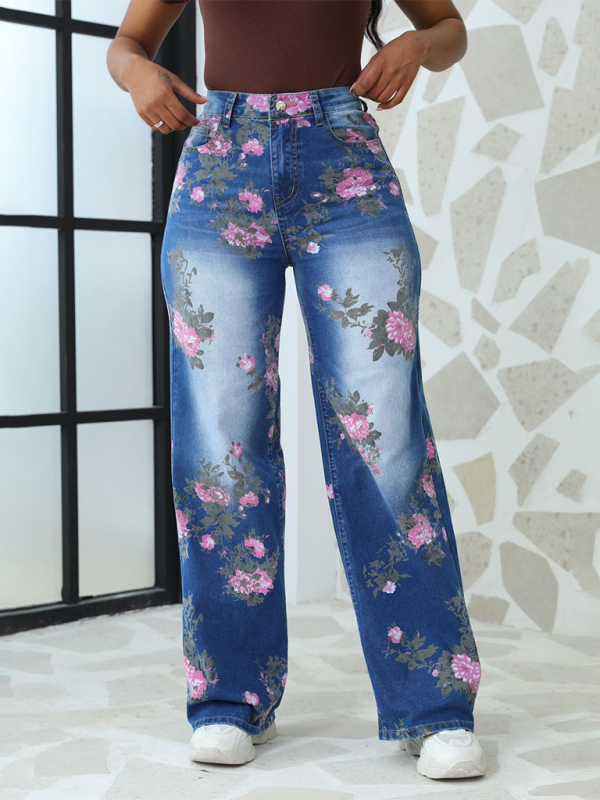 Floral Printed Wide Leg Pants Women's Jeans