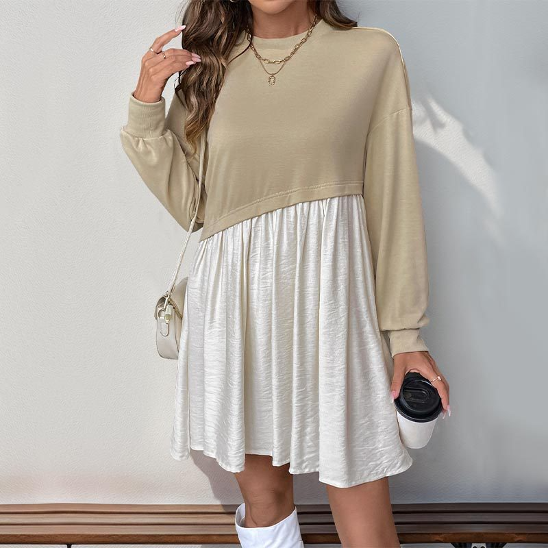 Casual everyday versatile long-sleeved round neck contrast color stitching dress