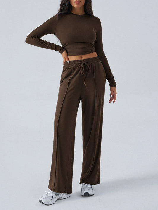 Brown Women's Crew Neck Long Sleeve Top Wide Leg Pants Set