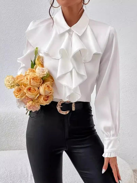 White Women's Ruffled Layered Shirt for Office Wear