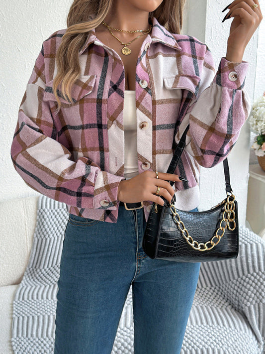 Pink Casual Plaid Long Sleeve Tweed Jacket Coat