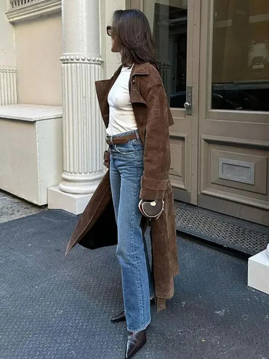 Coffee Khaki Trench Coat Double Breasted Lapel Coat