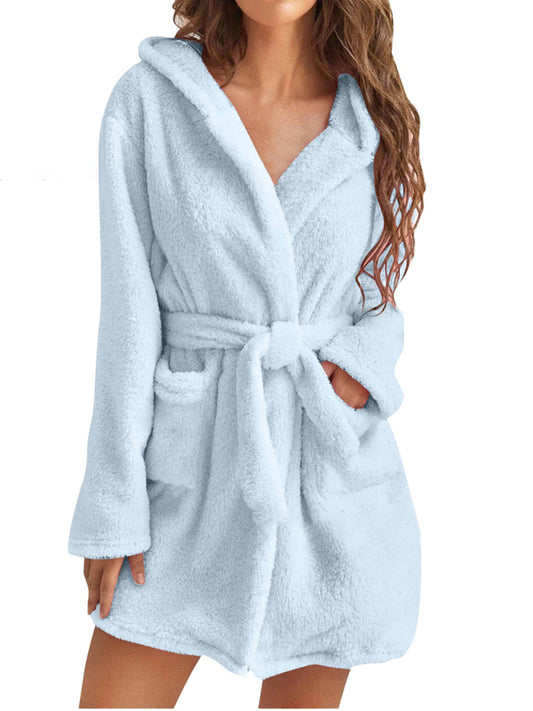 Sky blue azure Autumn and winter hooded warm bathrobe