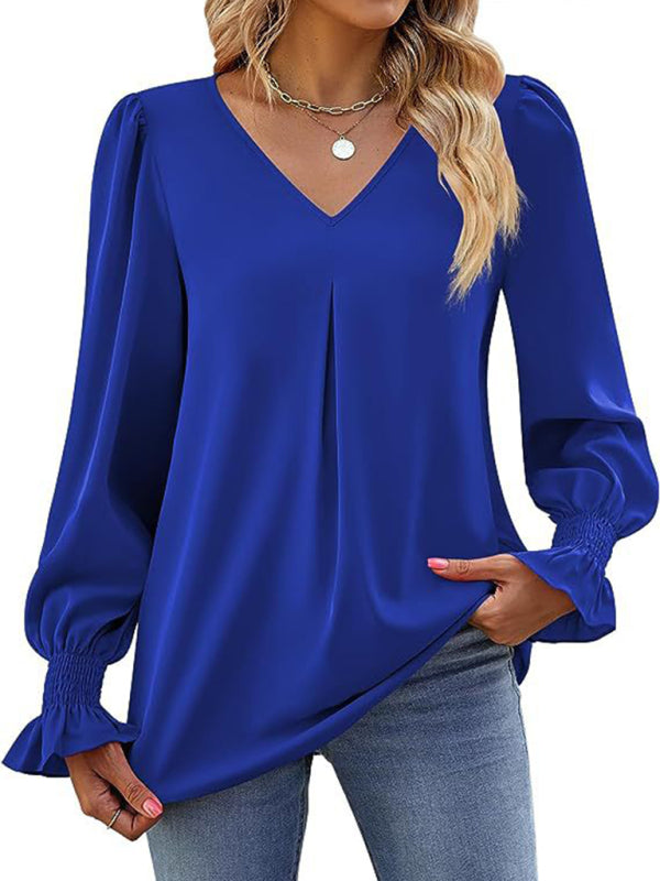 New solid color chiffon shirt V-neck pullover flared long-sleeved top shirt