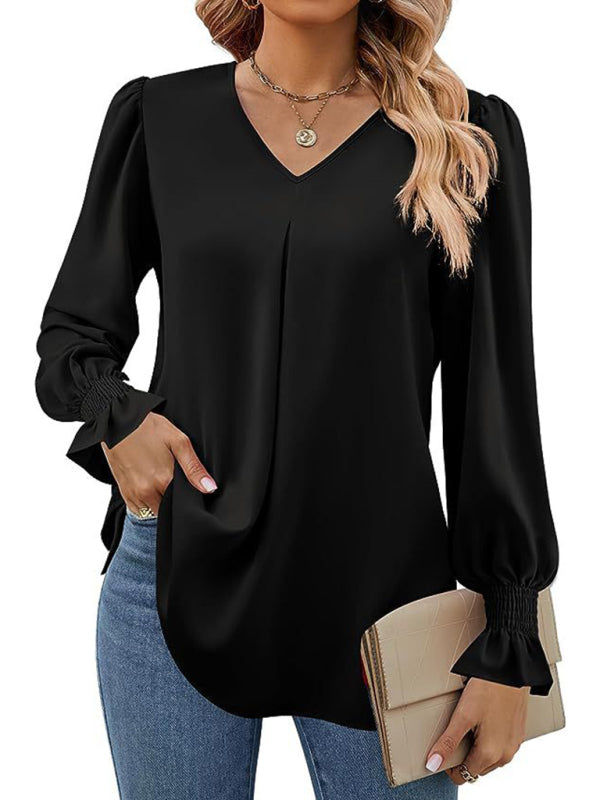 Black New solid color chiffon shirt V-neck pullover flared long-sleeved top shirt