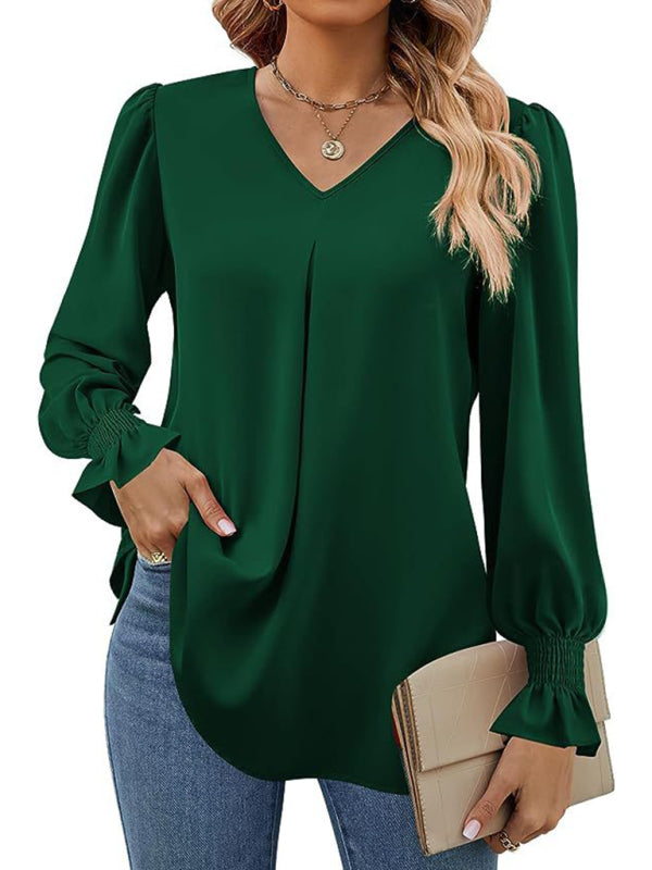 Green New solid color chiffon shirt V-neck pullover flared long-sleeved top shirt