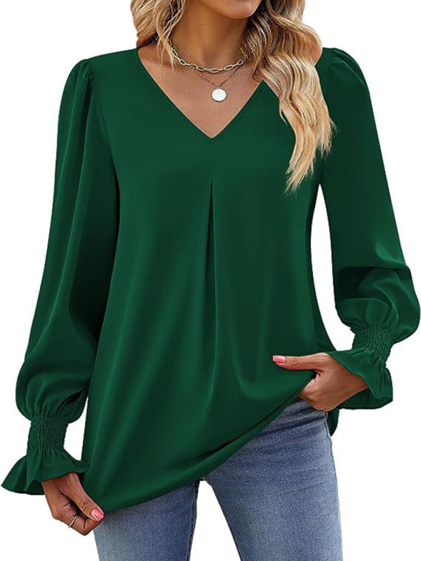 New solid color chiffon shirt V-neck pullover flared long-sleeved top shirt