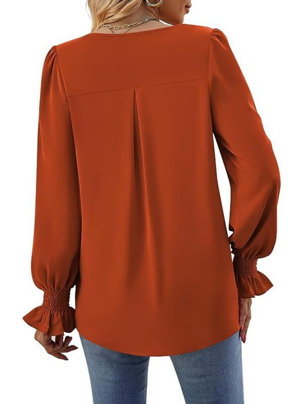 New solid color chiffon shirt V-neck pullover flared long-sleeved top shirt