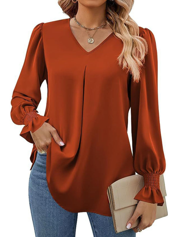 caramel New solid color chiffon shirt V-neck pullover flared long-sleeved top shirt